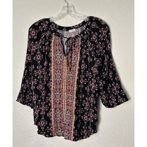 Mason & Belle 1X Boho 3/4 Sleeve Top V Neck with Beaded Tie